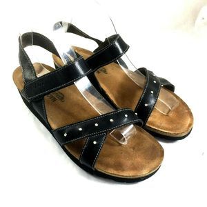 NAOT Studded Sandal Wedge Open Toe Black Leather